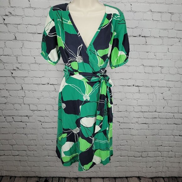 Banana Republic Green 100% Silk Floral Tie Unlined Midi Wrap Dress Size 6 - Picture 1 of 13